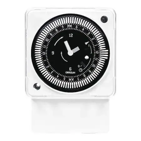 Transparent plastic electromechanical timer with dial and override switch