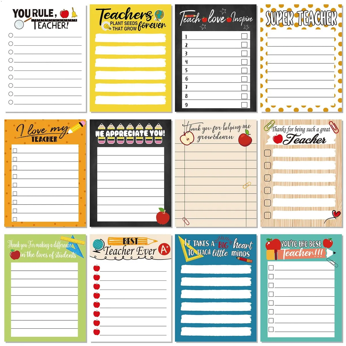 Twelve colourful 3 by 4 inch notepad pads with teacher-themed prints