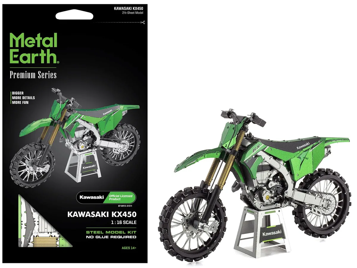 Metal Earth Metal Earth Kawasaki KX450 Off-Road Motorcycle Green Challenging Steel Model Kit — product photo