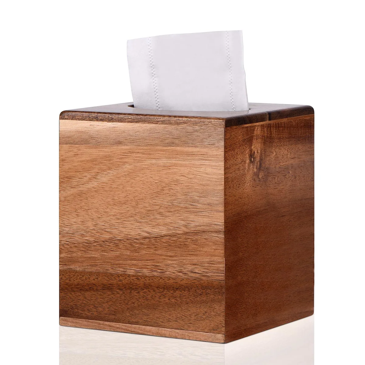  Acacia Wood Tissue Box Cover Square Slide-Out Bottom 5.5x5.5x6.3 in — product photo