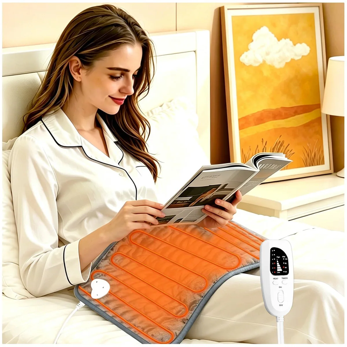 Rectangular gray-green heating pad with soft flannel surface and detachable controller