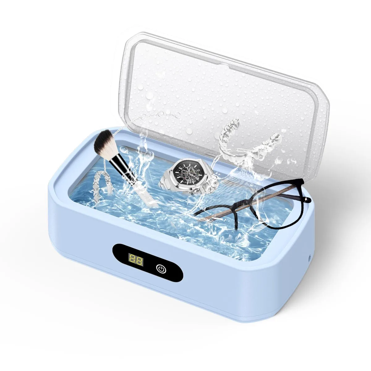Blue rectangular ultrasonic cleaner with stainless steel tank and digital control panel