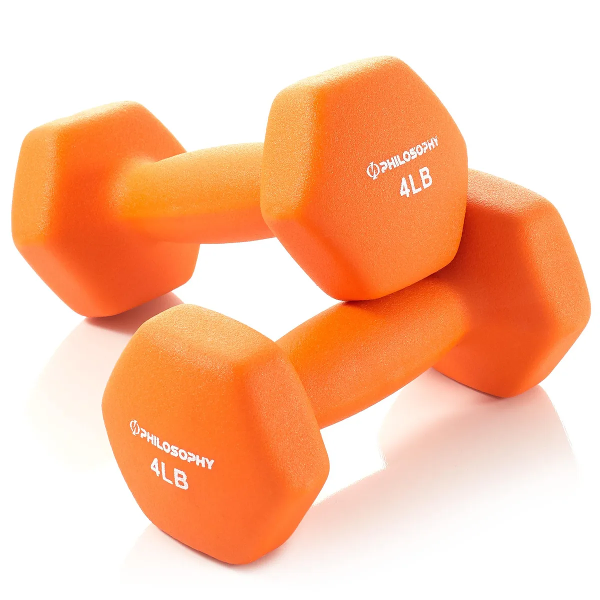 Pair of orange neoprene-coated hex dumbbells, 4 lb each