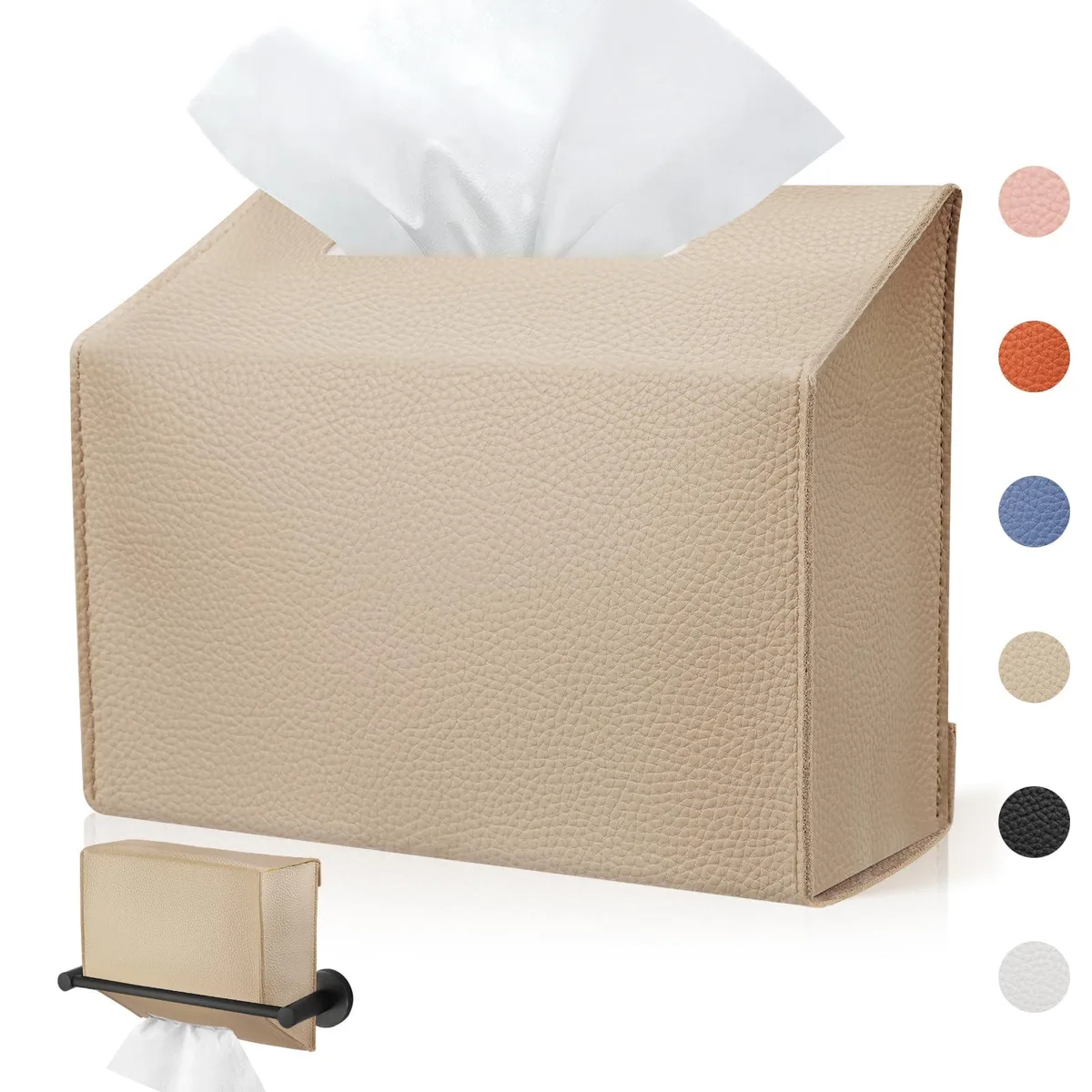 Two khaki PU leather tissue box covers with full wrap bottom design