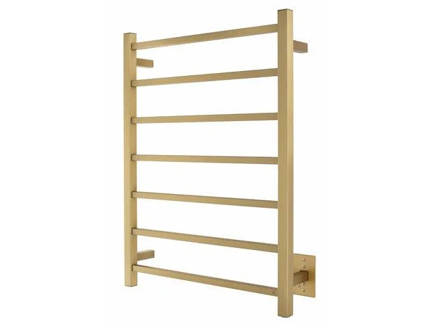 Wall-mounted brushed gold towel warmer with seven square bars