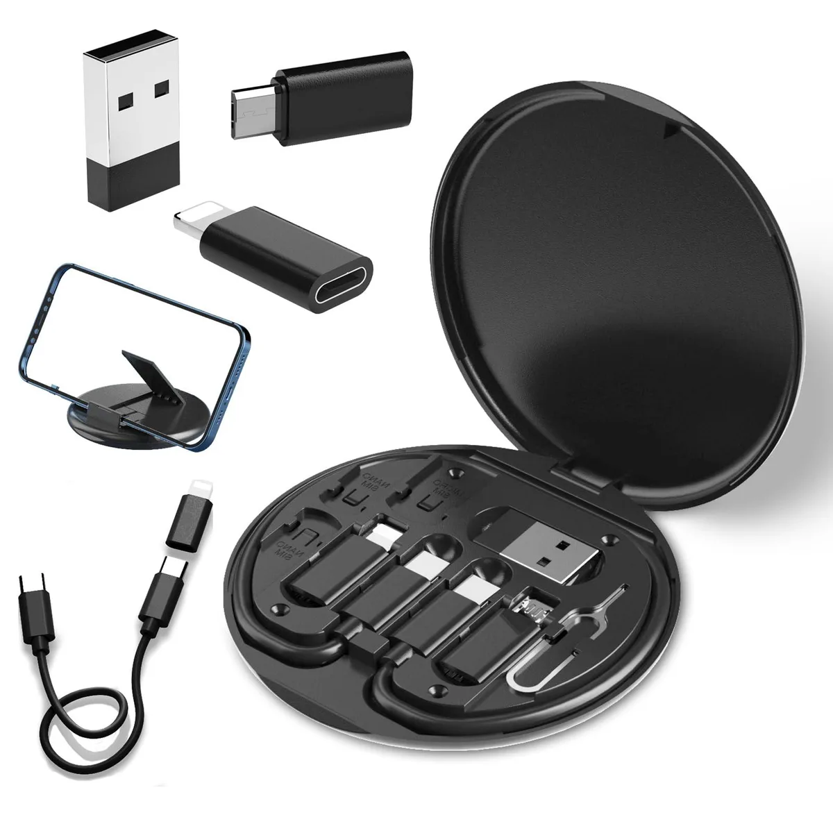 Black compact case holding 12 USB adapters, SIM tool, phone stand and cable