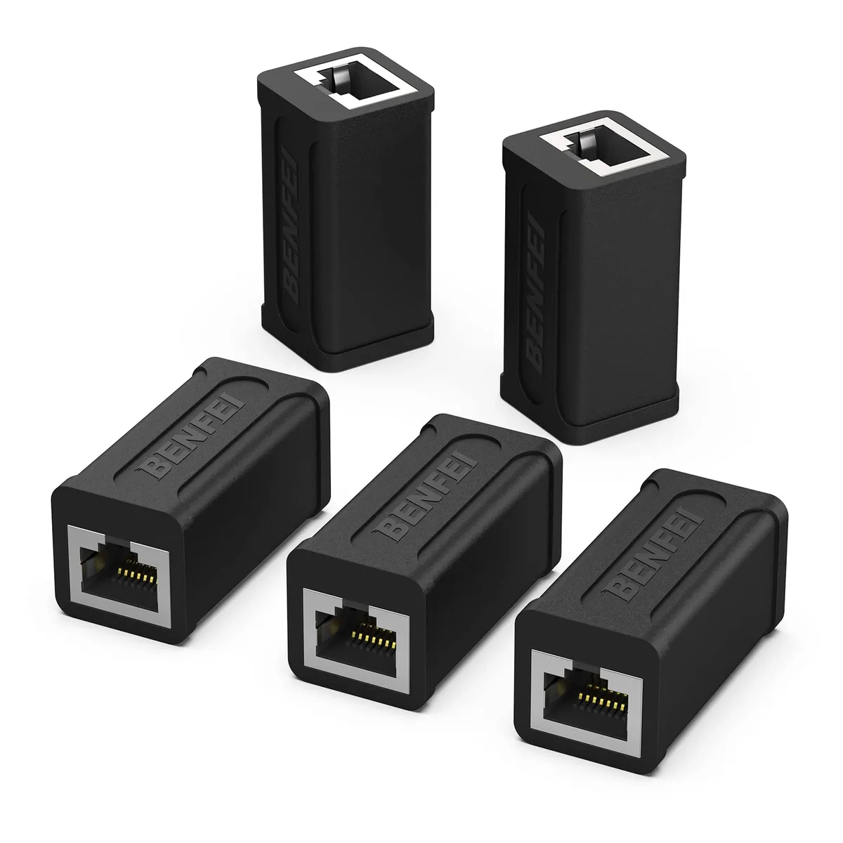 Five black RJ45 female-to-female inline couplers