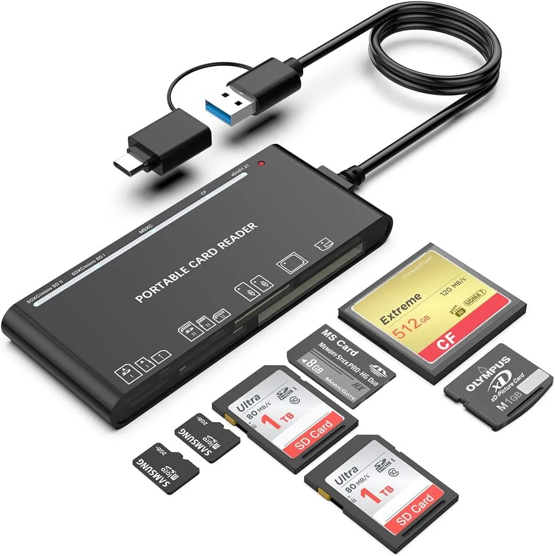 LUOM LUOM CR7AC 7-in-2 USB 3.0 Card Reader USB A USB C MacBook iPad Pro Android Black — product photo