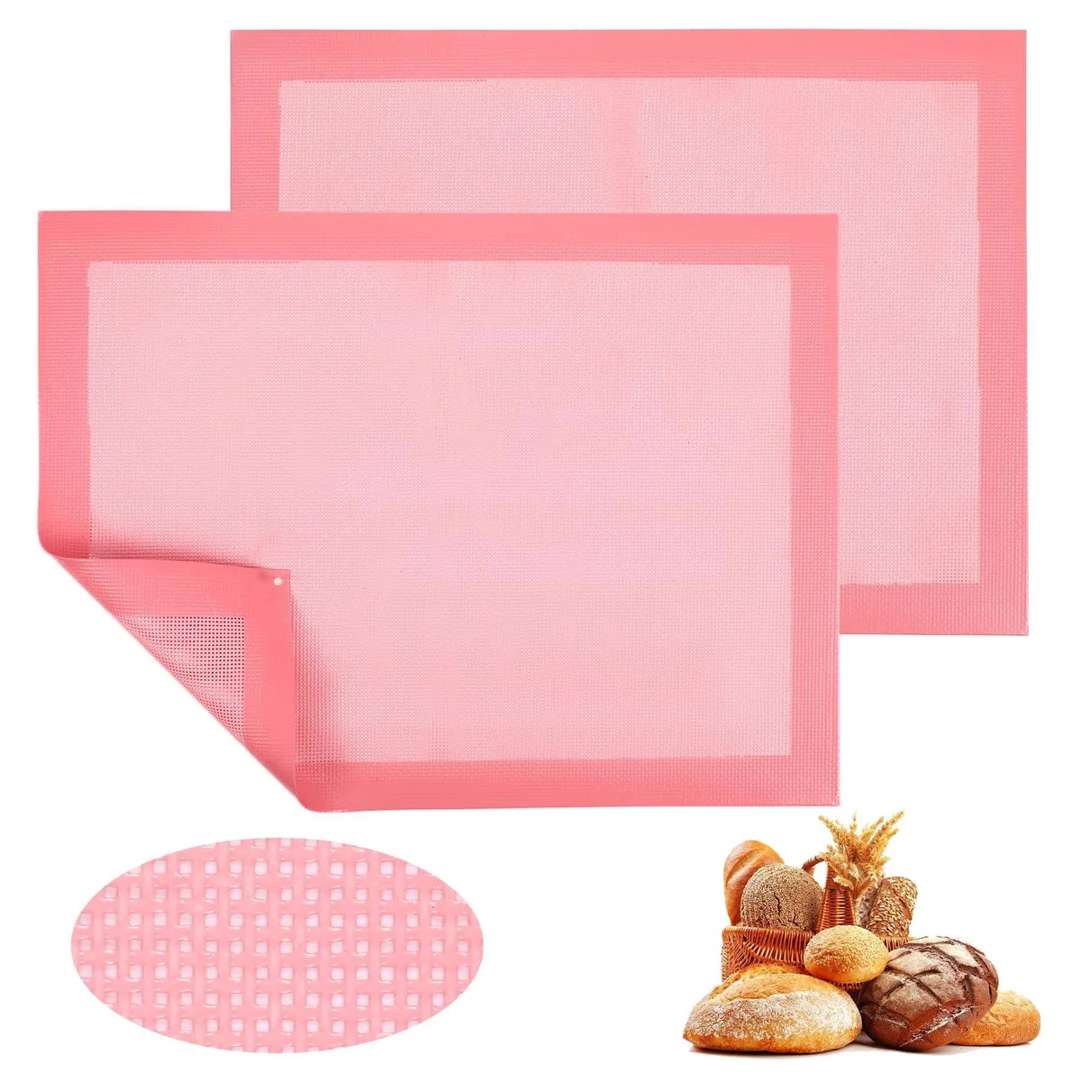 Two pink perforated silicone baking mats, 40 x 30 cm, rectangular with right-angle edges
