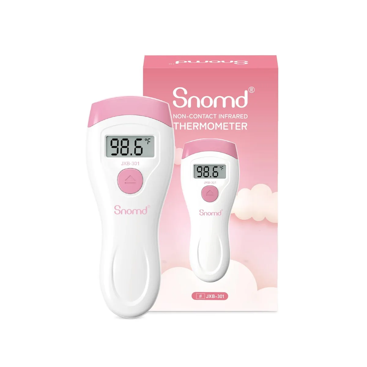 White handheld infrared thermometer with backlit LCD screen