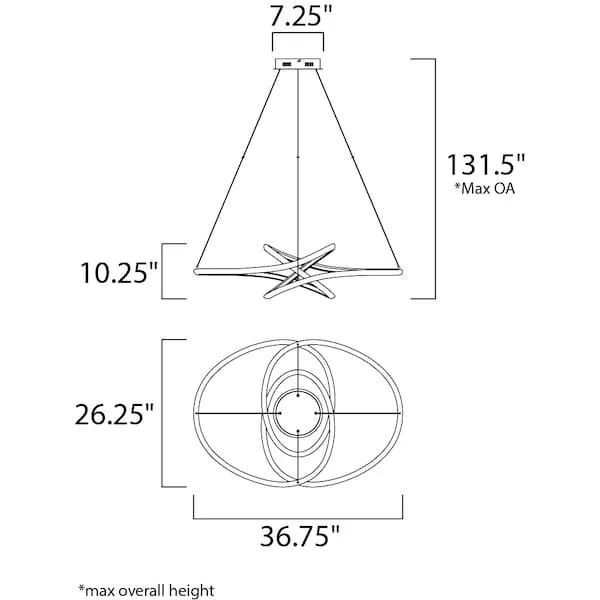 Matte white arched aluminum pendant, 26.25 inches wide, twisted sculptural form with dual LED rows