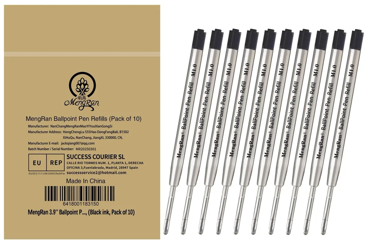 Ten black ballpoint pen refills with metal barrels lying side by side