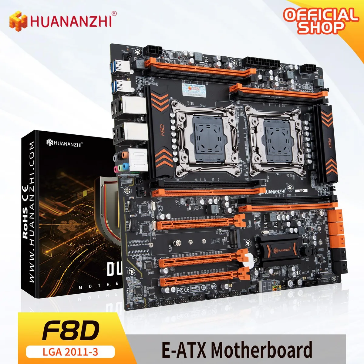 HUANANZHI HUANANZHI X99 T8D Intel motherboard with 2× Xeon E5-2673 V3 and 4×16 GB DDR3 RECC — product photo