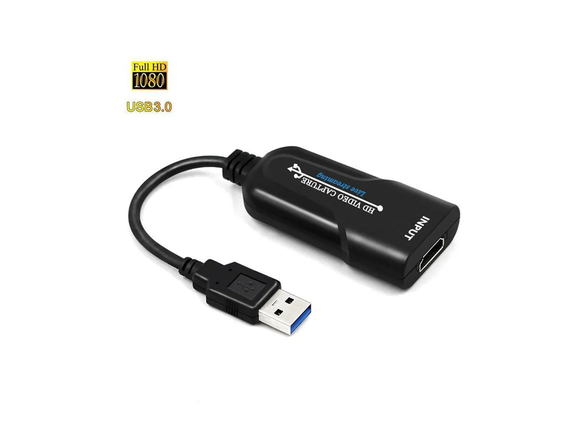 Small black USB 3.0 capture dongle with HDMI input and attached cable