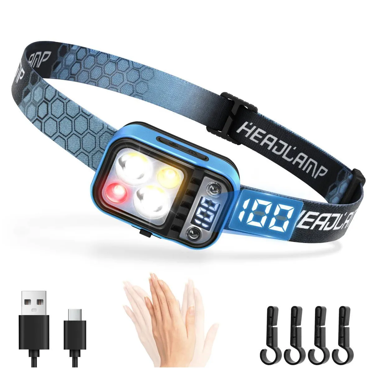 Blue aluminium headlamp with adjustable strap and LED display