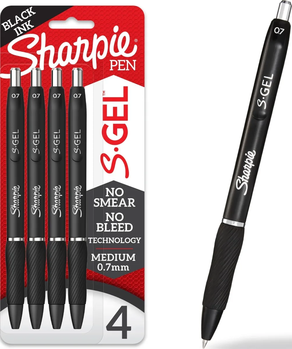 Four retractable gel pens with contoured rubber grips, black barrels, medium point tips