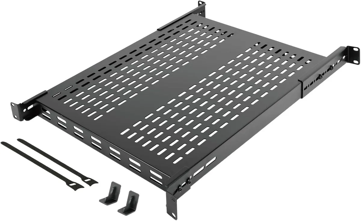 TAURKENAM TAURKENAM 1U 4-Post Vented Server Rack Mount Shelf 27.6in Deep Adjustable 19.7-37.4in 242lbs Black — product photo