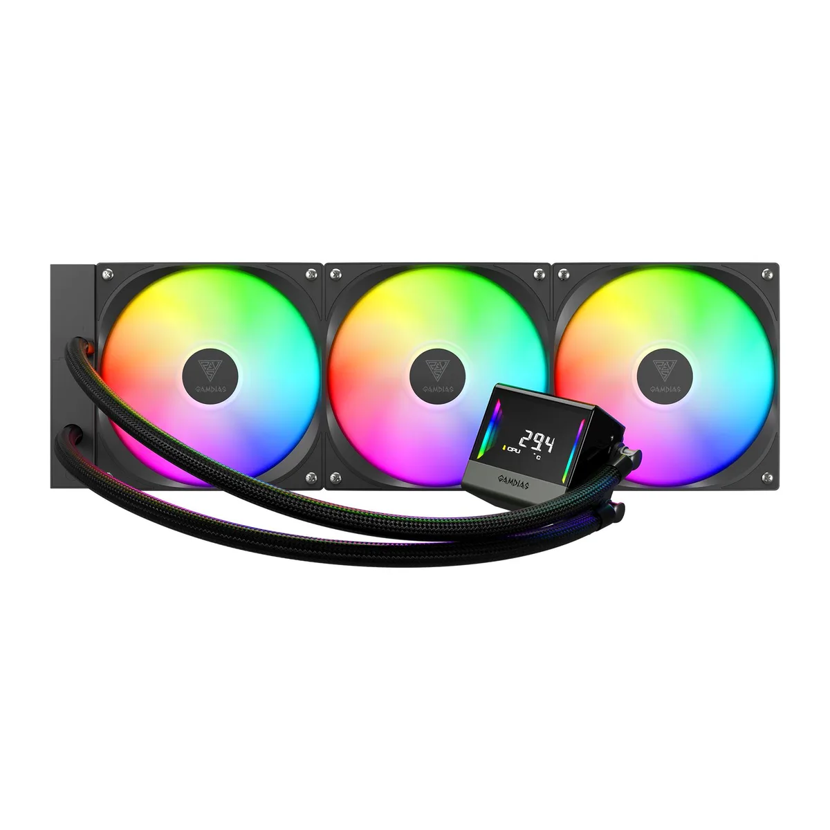 GAMDIAS Technology GAMDIAS CHIONE E4-420 420mm liquid cooler with CPU temp display — product photo