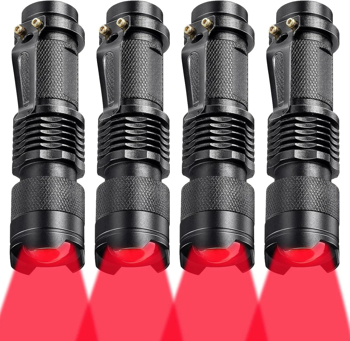 Four red aluminium flashlights with adjustable focus beams