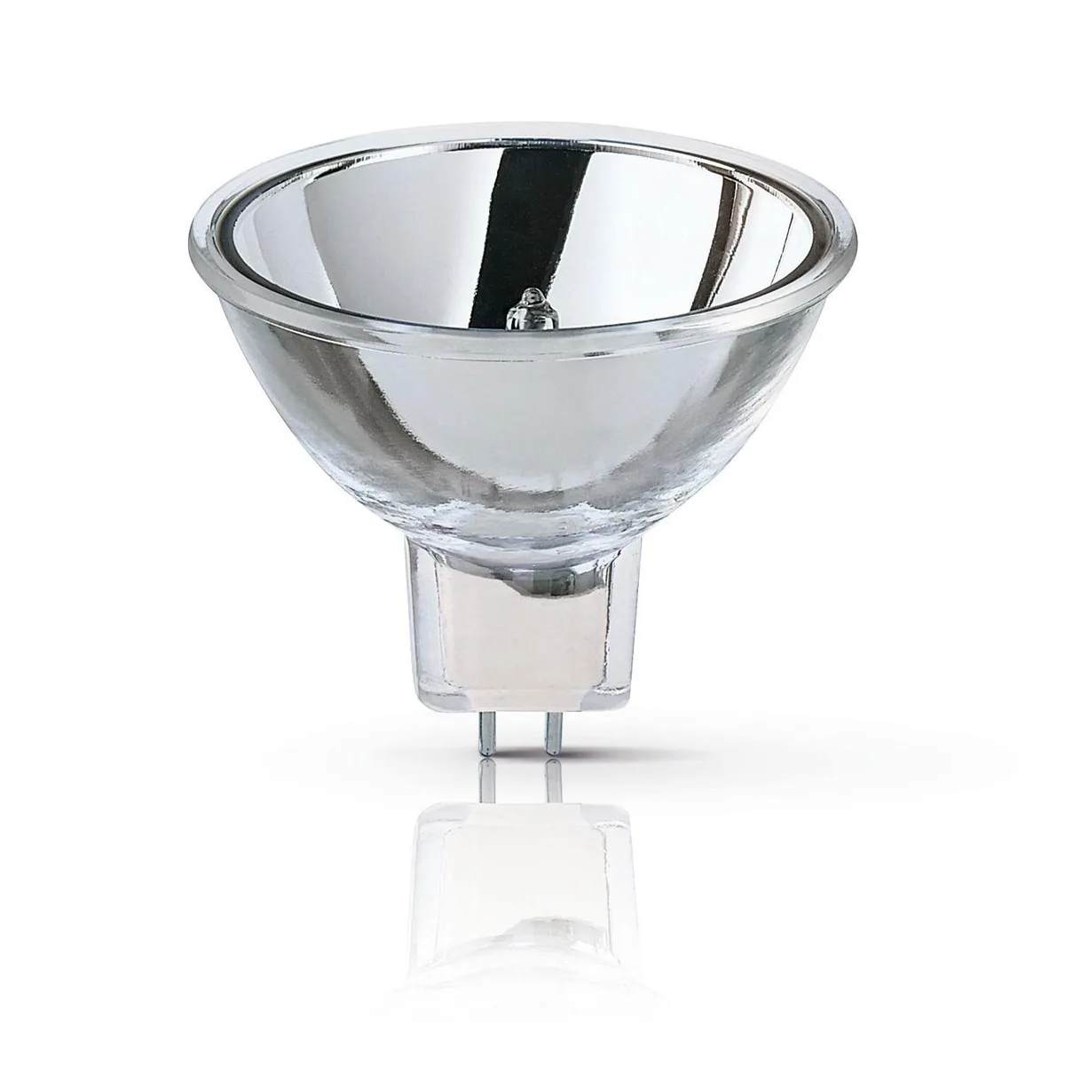 Small MR16 halogen reflector bulb with GZ6.35 bi-pin base and clear glass envelope