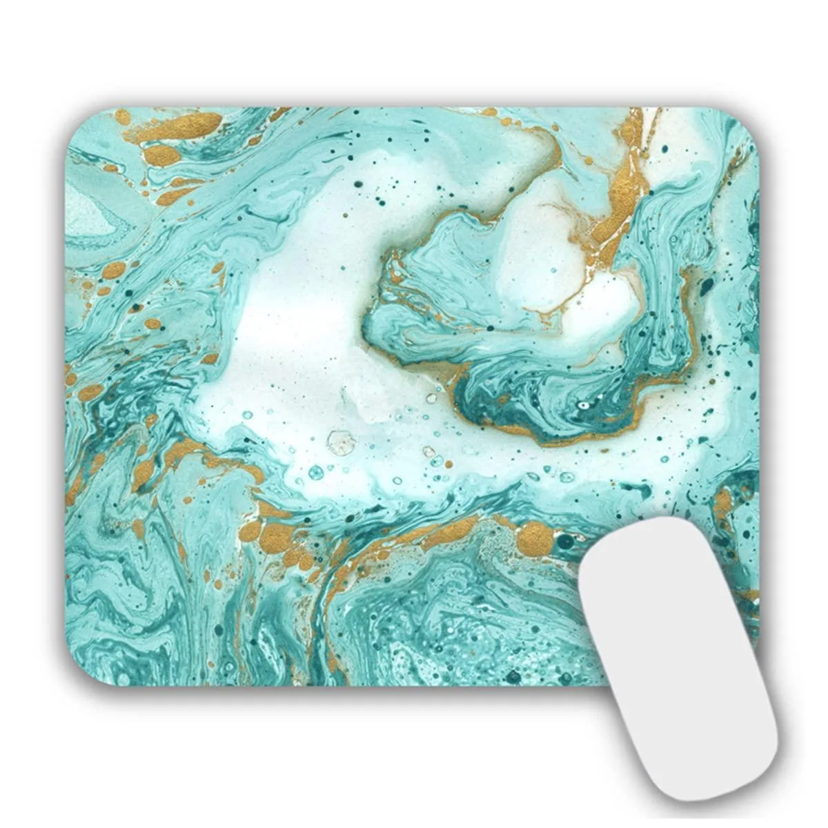 Small rectangular mouse pad with marble-patterned fabric surface and black rubber base