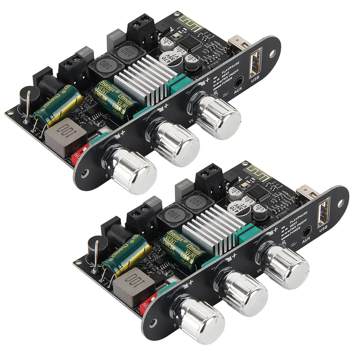 Two small green circuit boards with silver heatsinks, knobs and 3.5mm jacks