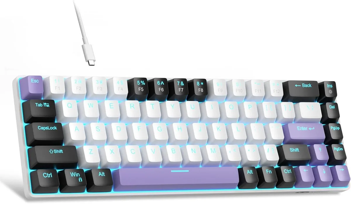 TUKO TUKO 60% 68-key Mechanical Gaming Keyboard Red Switch Blue LED White/Purple — product photo