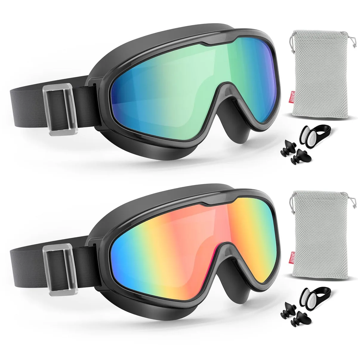 Aegend Swim Goggles Aqua & Bright Rose Fabric Strap 2 Pack Age 14+ — product photo