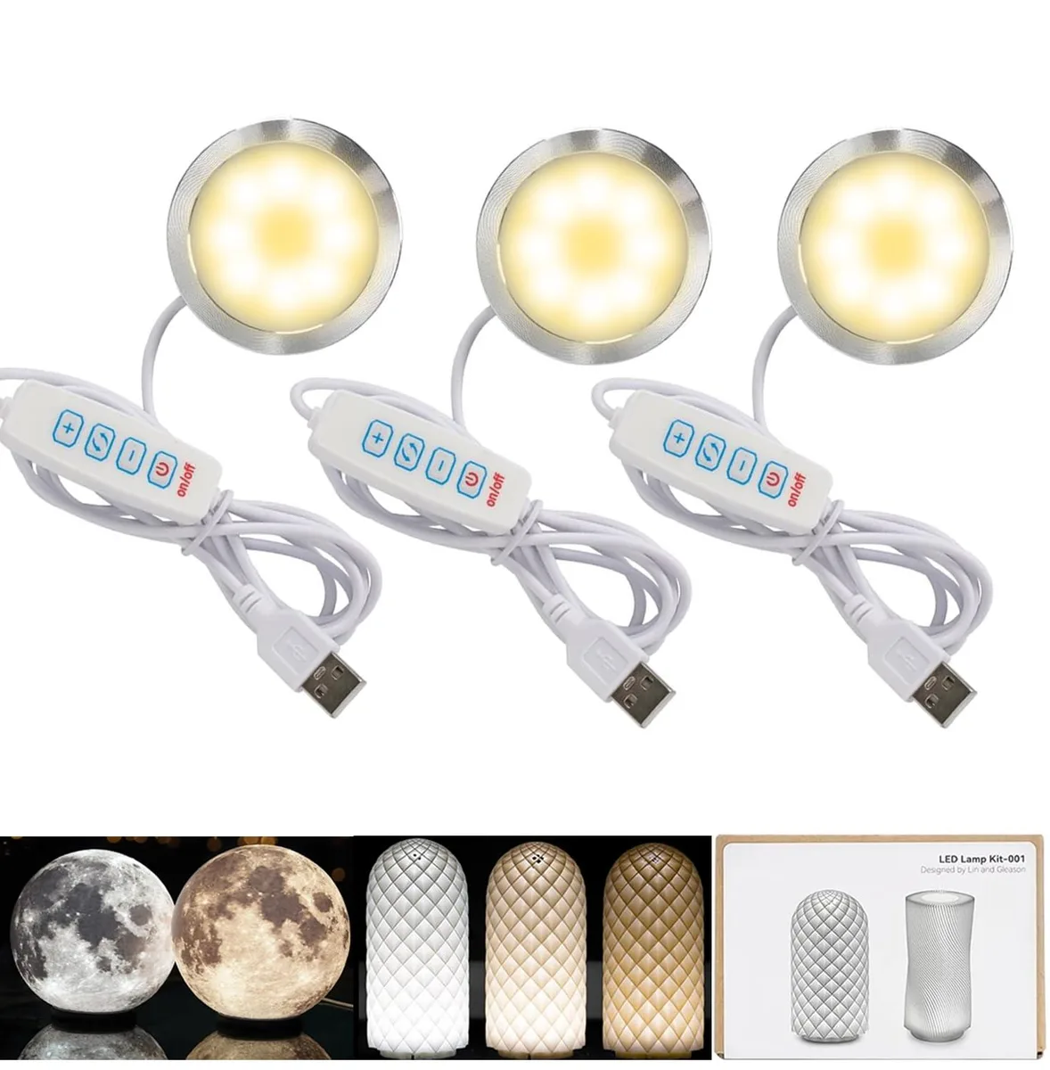 3DZWMAN LED Lamp Kit 001 ZWLED135AU 3PCS 3 Colour 10 Level Dimming 5V USB 1.5m Cable 6.2x7.3x10.3cm — product photo