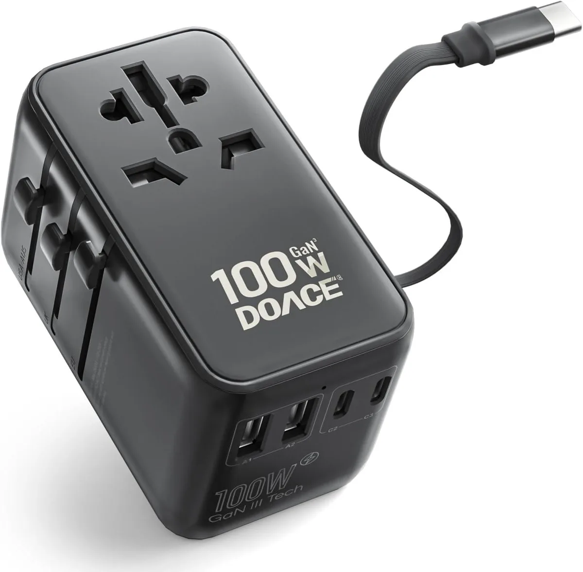 Black rectangular travel adapter with retractable USB-C cable and four interchangeable plug types