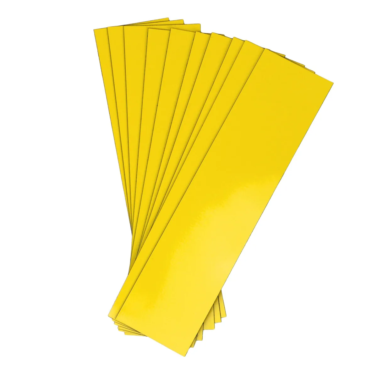 Pack of ten flexible yellow magnets, each a thin 2 by 8 inch strip