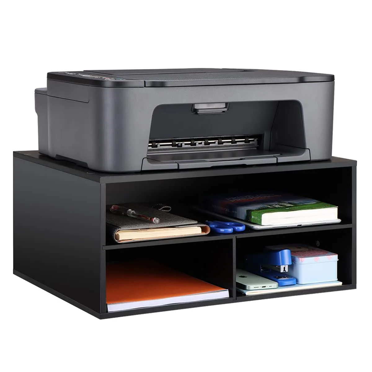 Black two-tier desktop printer stand with leather finish, engineered wood construction, 18.5 by 14.5 by 8.26 inches