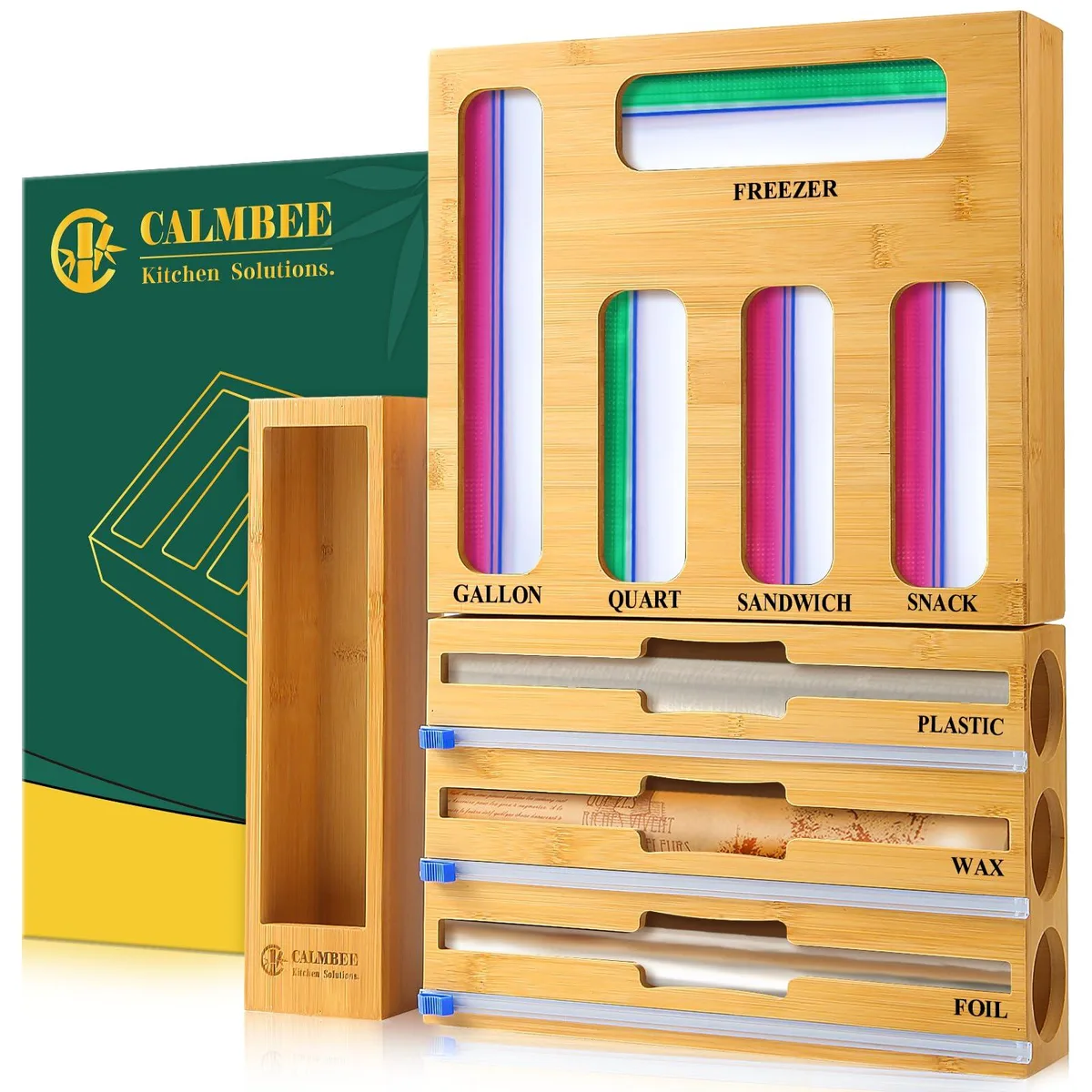 Bamboo kitchen drawer organiser with wrap dispenser, bag holder and storage box