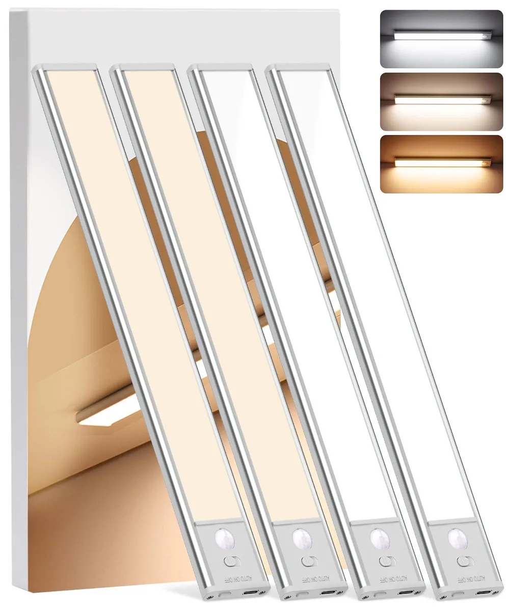 Four white 12-inch LED light bars with clear prismatic covers, magnetic adhesive plates and Type-C cables