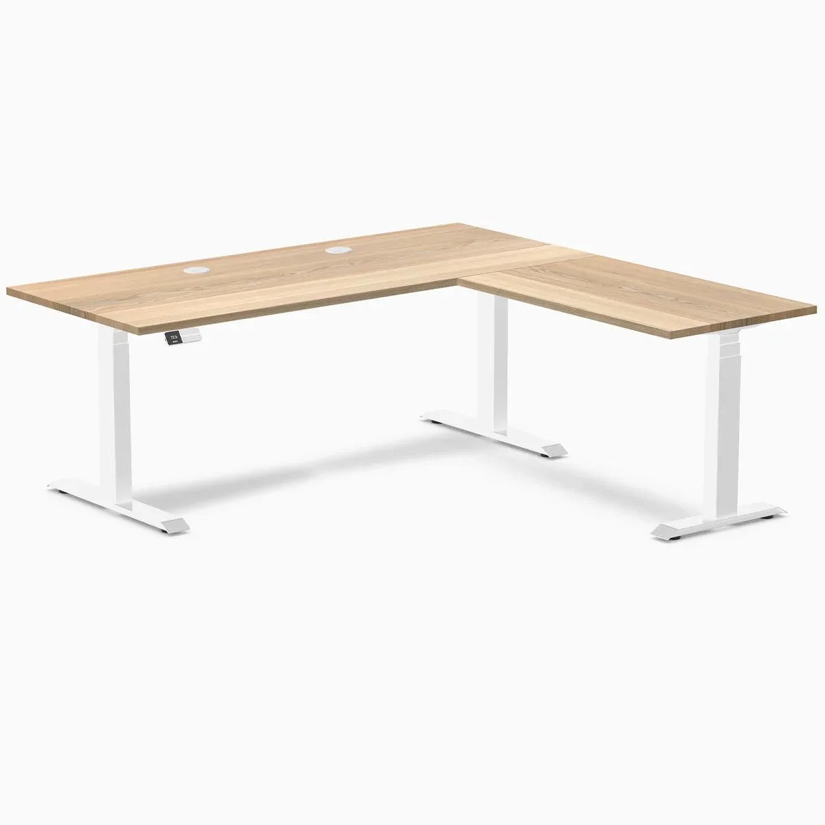 Desky Desky Hardwood L-Shape Sit Stand Desk White Ash / White 72 x 30 x 70 x 24 in with Grommets — product photo