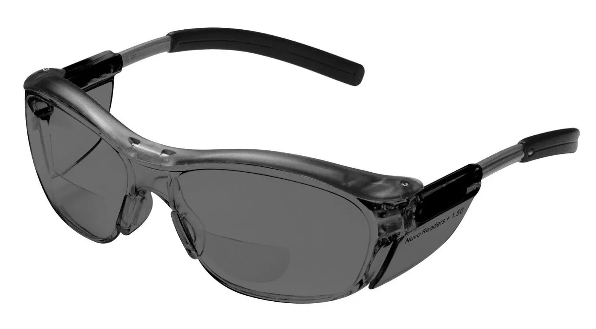 3M Nuvo Reader safety glasses, gray frame and lenses, +2.0 diopter magnification