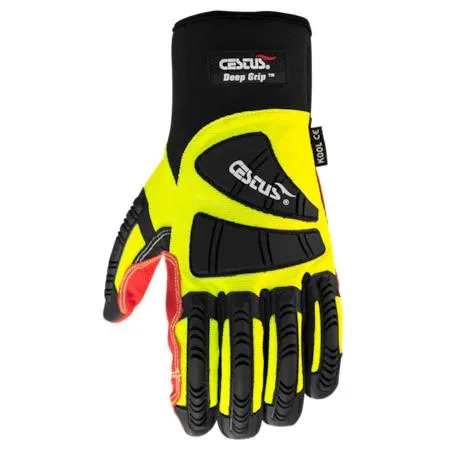 Pair of grey work gloves with reinforced knuckle guards and textured palms