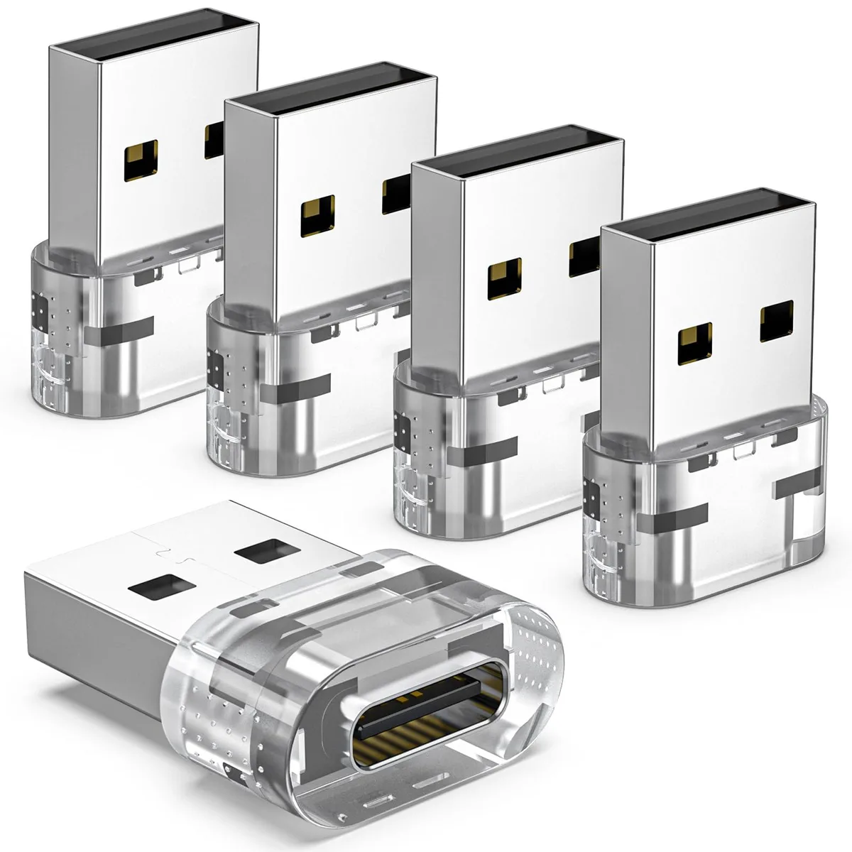 Five clear USB-A to USB-C adapters, lightweight plastic, compact rectangular shape