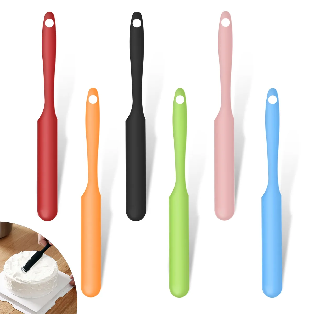 Six 9.4-inch silicone spatulas with stainless steel cores and hanging holes