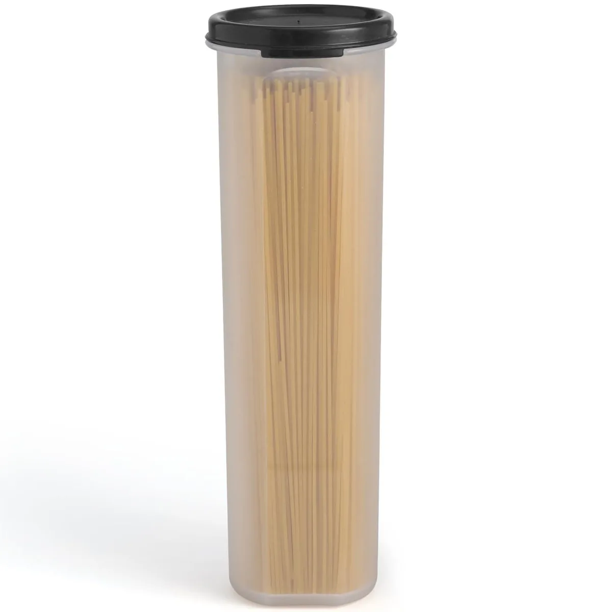 Tall clear food storage container with red lid, 10.5 by 28.6 cm, 37 oz capacity