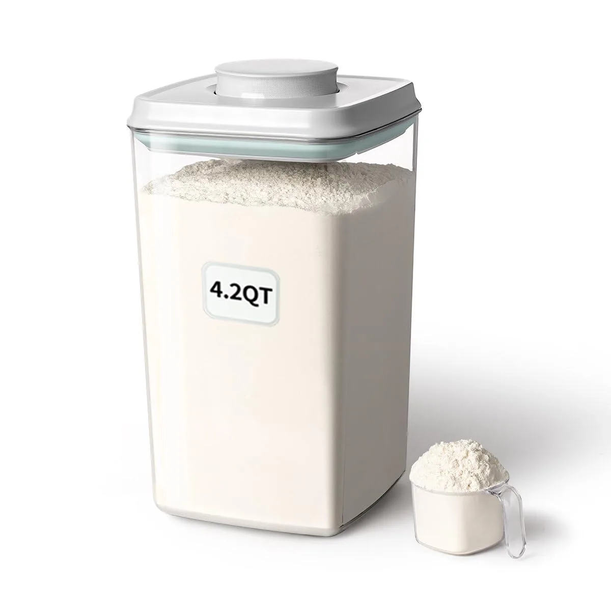 Red square food storage container with pop-up lid and scoop