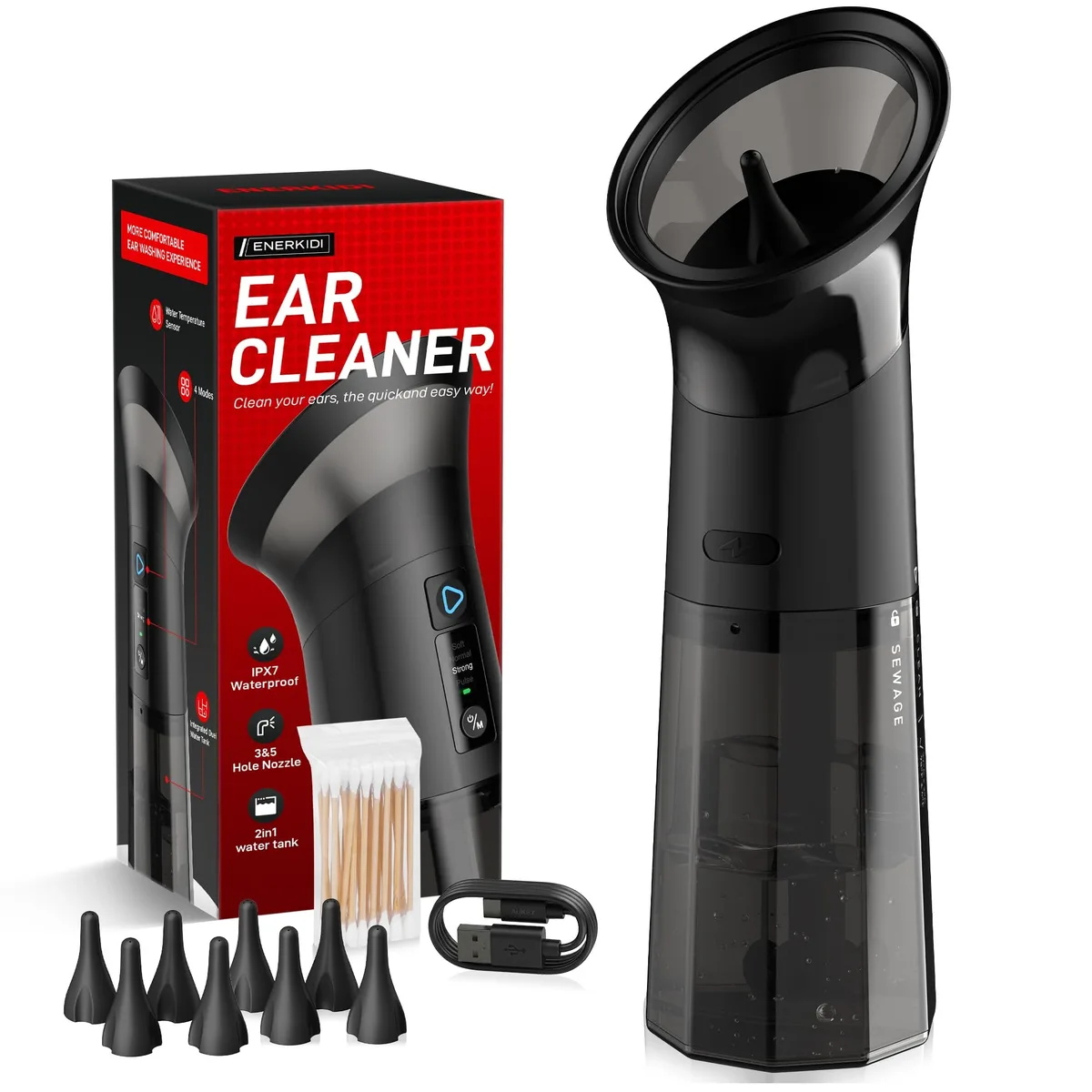 Black electric ear wax removal kit with integrated water tanks and ten tips
