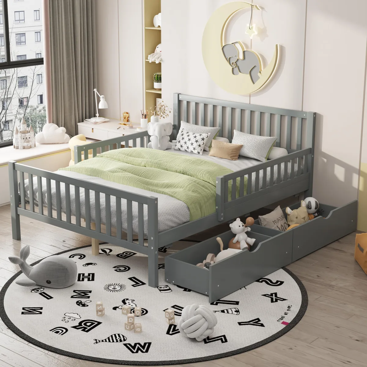 Gray wooden platform bed with guardrails and two drawers