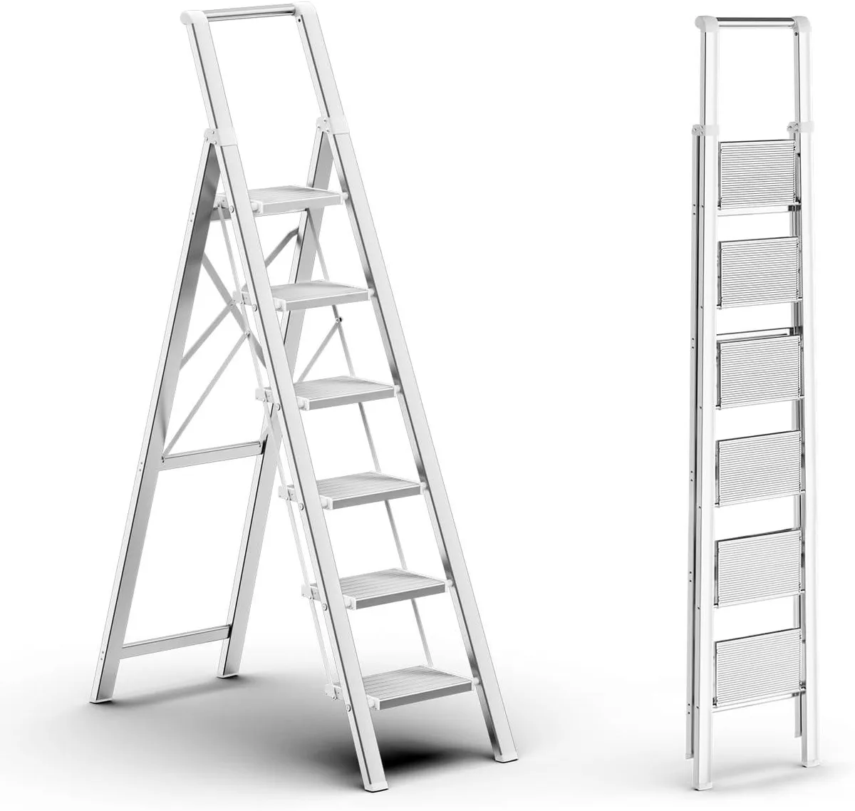 White aluminium 6-step ladder folded flat showing slim profile and wide anti-slip treads