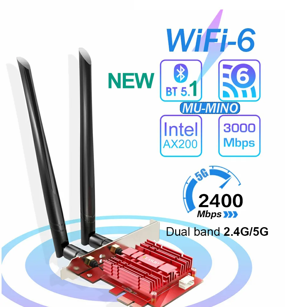 SMA SMA PCIe Wi-Fi 6 adapter with Bluetooth 5.0, heat sink, red, 3000Mbps — product photo