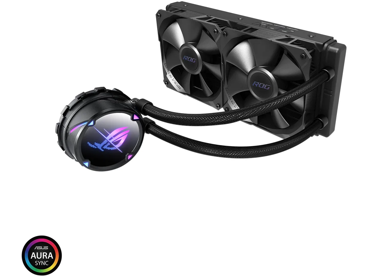 Black AIO liquid cooler with 240mm radiator, two 120mm fans, copper pump block and sleeved tubes