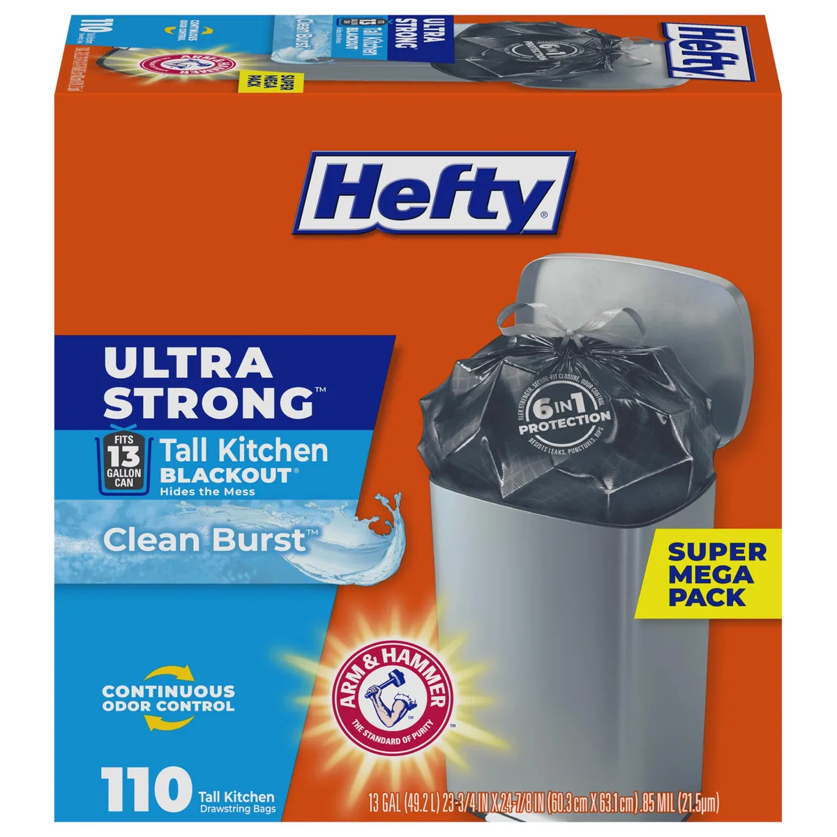 Black 13-gallon kitchen trash bags in rectangular box packaging