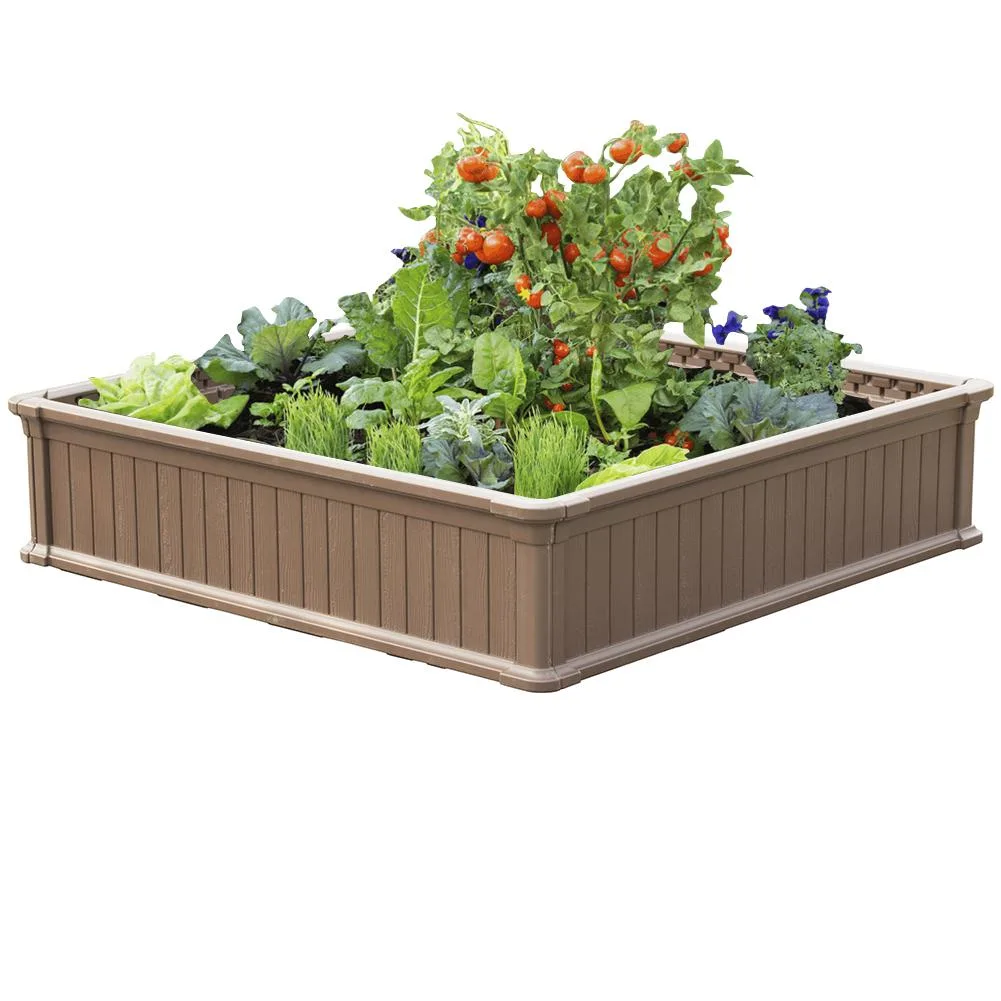Brown HDPE garden bed kit, four interlocking panels forming a 48.6 by 48.6 inch square with 11.8 inch walls