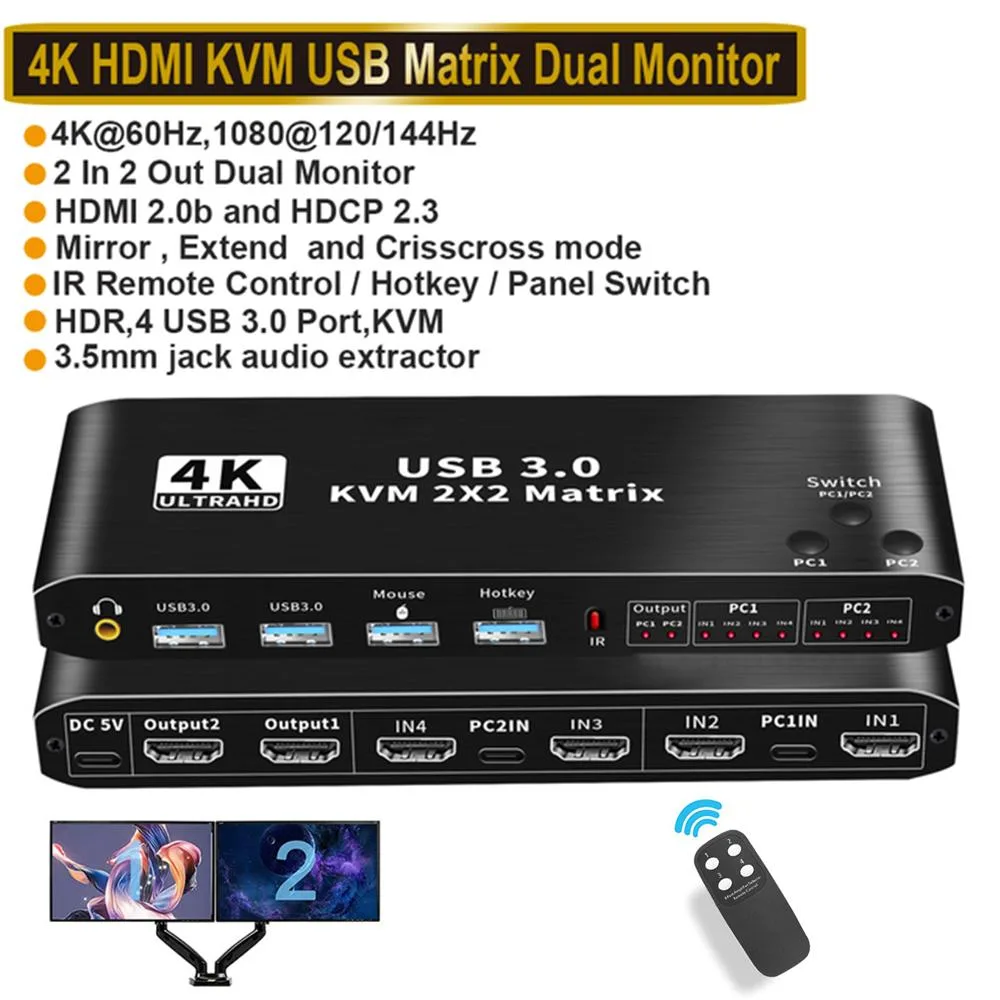 AUTYUE AUTYUE HDMI KVM Matrix Switch 2x2 Dual Monitor 4K60Hz USB 3.0 Hub IR Remote — product photo