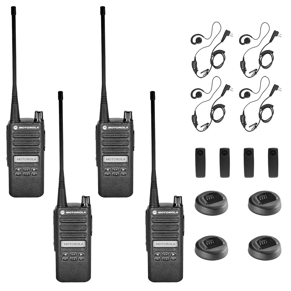 Motorola Motorola CP100D Analog UHF Two-Way Radio 16 Ch 4 W 403-480 MHz 4-Pack HKLN4604 Earpiece Bundle — product photo